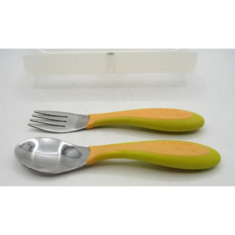 NUK 2 Piece Fork Spoon Set Lunchbox Travel Case Stainless Steel Kids Toddler Vtg